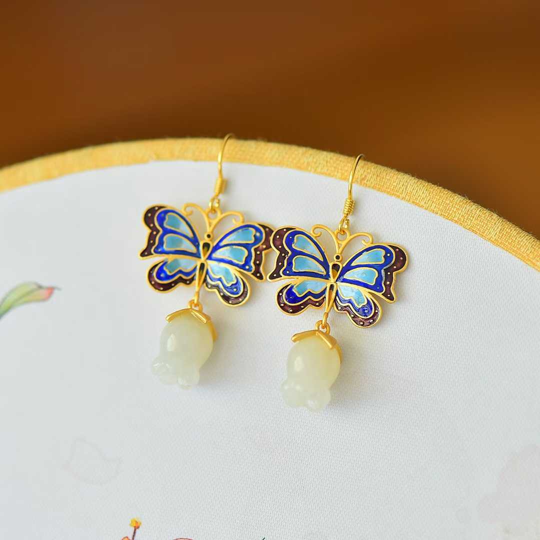 925 Silver Inlaid Hetian Nephrite "Butterfly & Lily of the Valley" Earrings