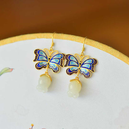 925 Silver Inlaid Hetian Nephrite "Butterfly & Lily of the Valley" Earrings