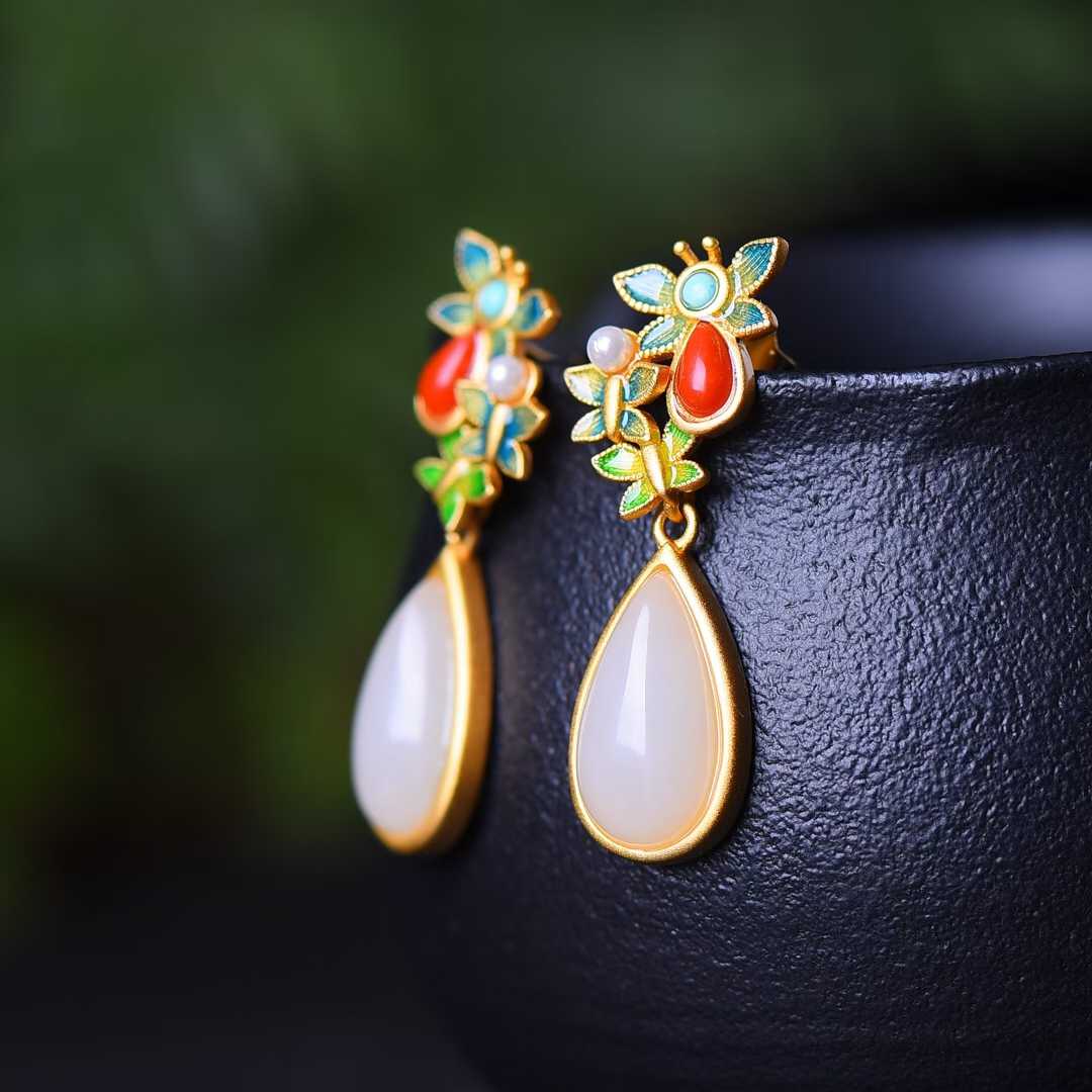 925 Silver Inlaid Hetian Jade Teardrop Enamel Earrings