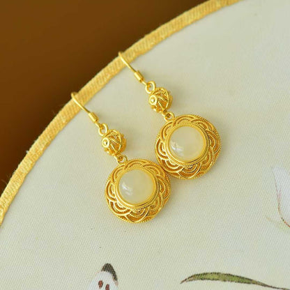 925 Silver Inlaid Nephrite "Flowers Bloom in Prosperity" Earrings