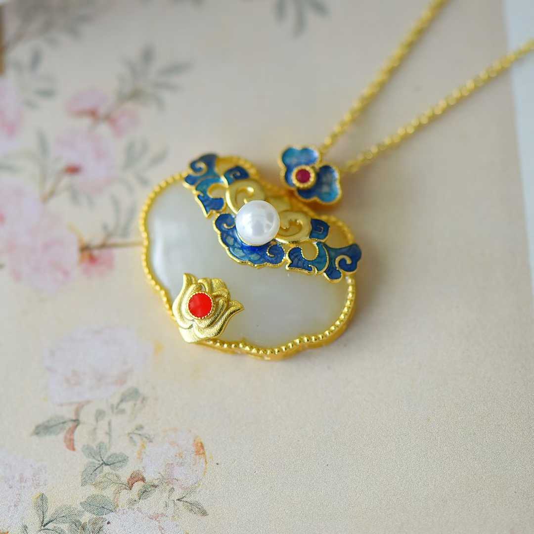 925 Silver Inlaid Hetian Nephrite "Ruyi & Hundred Blessings" Pendant