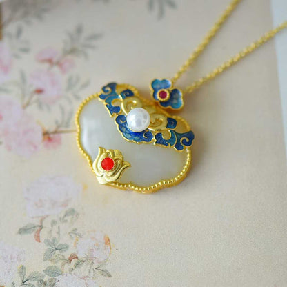 925 Silver Inlaid Hetian Nephrite "Ruyi & Hundred Blessings" Pendant