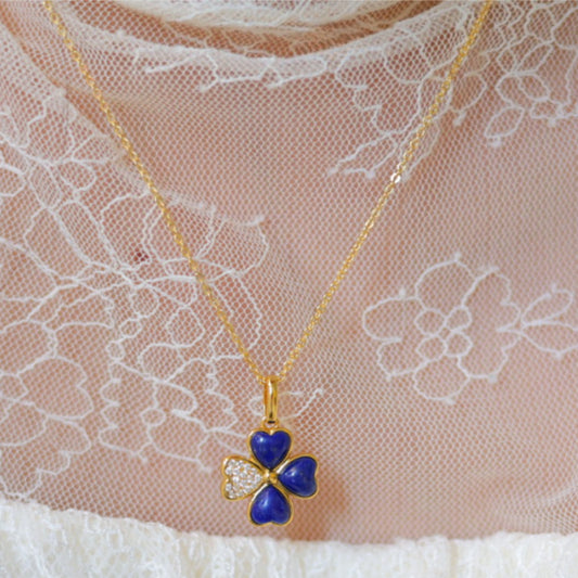 Natural Lapis Lazuli Four-Leaf Clover Heart Pendant