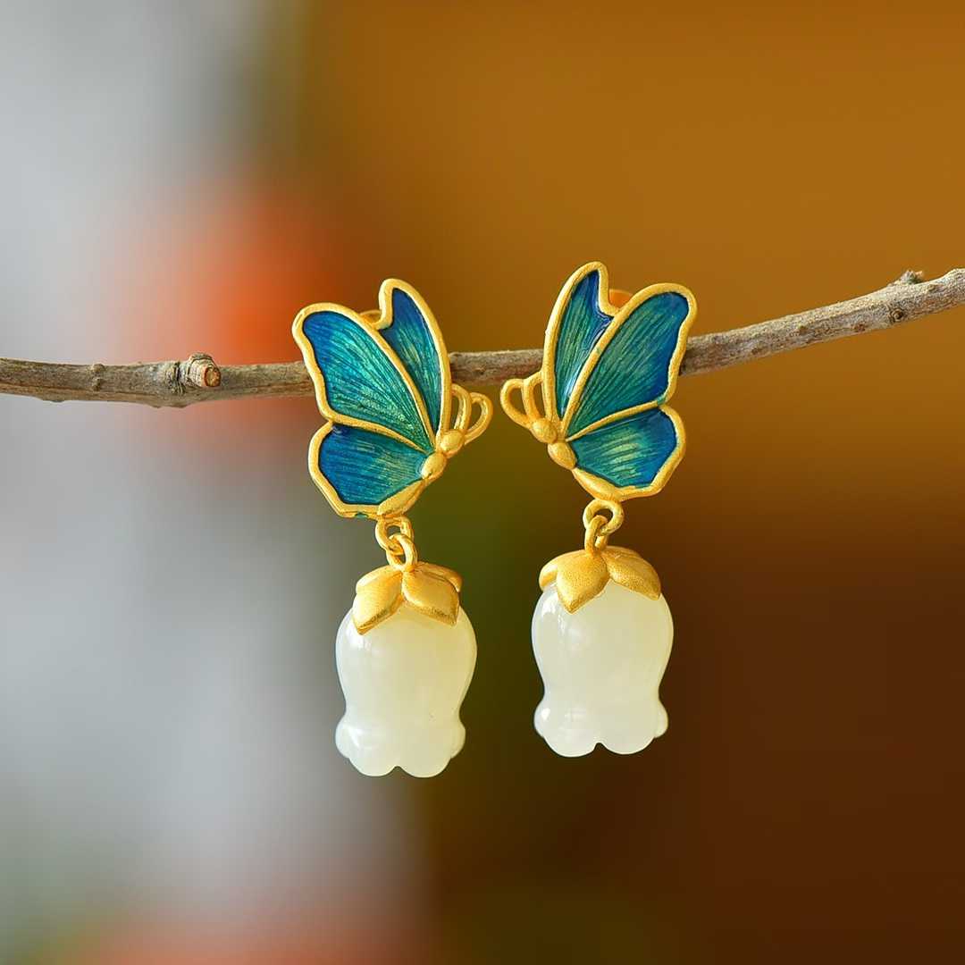 925 Silver Inlaid Nephrite Pomegranate Flower and Butterfly Earrings