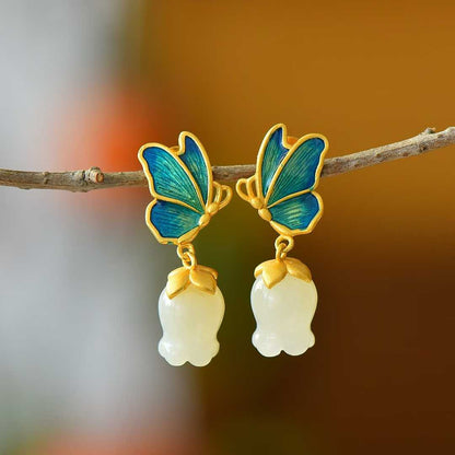 925 Silver Inlaid Nephrite Pomegranate Flower and Butterfly Earrings