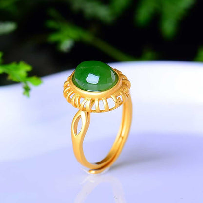 925 Silver Inlaid Enamel and Hetian Jade Cabochon Ring