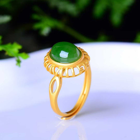 925 Silver Inlaid Enamel and Hetian Jade Cabochon Ring