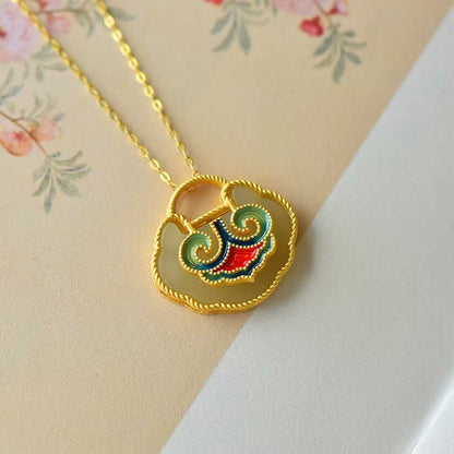 S925 Silver Inlaid Nephrite Enamel Ruyi Lock Pendant