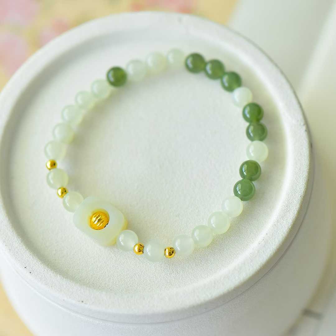 Hetian Nephrite (Sunny Water Material) 6mm Beads & Hollow Lucky Charm Multi-Gem Bracelet
