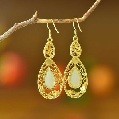 925 Silver Inlaid Nephrite "Lotus of Good Fortune" Teardrop Earrings