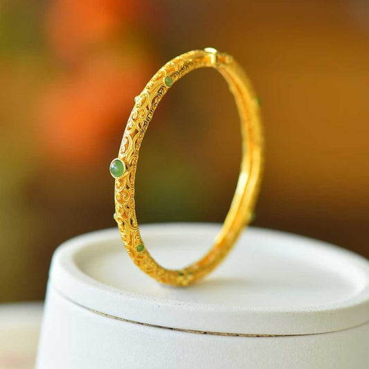 925 Silver Inlaid Hetian Jadeite (Jasper) "Cabochon & All Wishes Come True" Hollowed-Out Bracelet