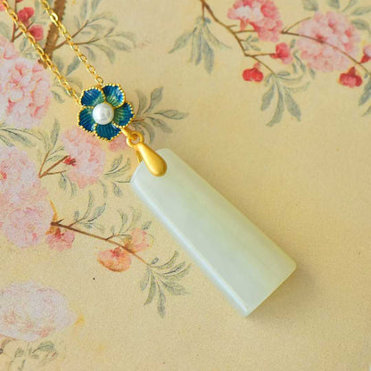 S925 Silver-Inlaid Hetian Jade Pendant (Trapezoidal Peace Plaque with Enamel & Pearl Accents)