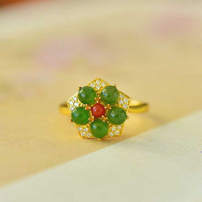 925 Silver Inlaid Hetian Green Nephrite Five-Petal Flower Ring