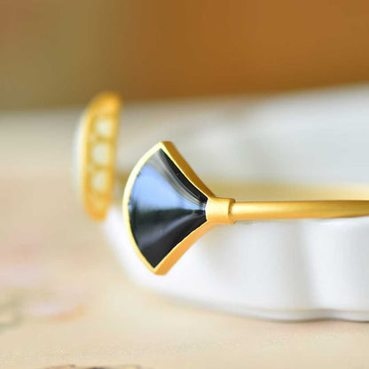 925 Silver Inlaid Hetian Nephrite "Fan-Shaped Enamel & Matt Gold" Bracelet