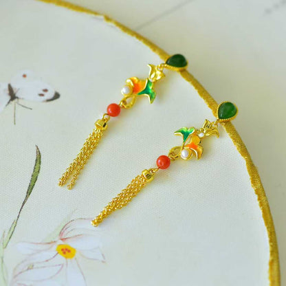 925 Silver Inlaid Hetian Nephrite "Apricot Leaf & Tassel" Earrings