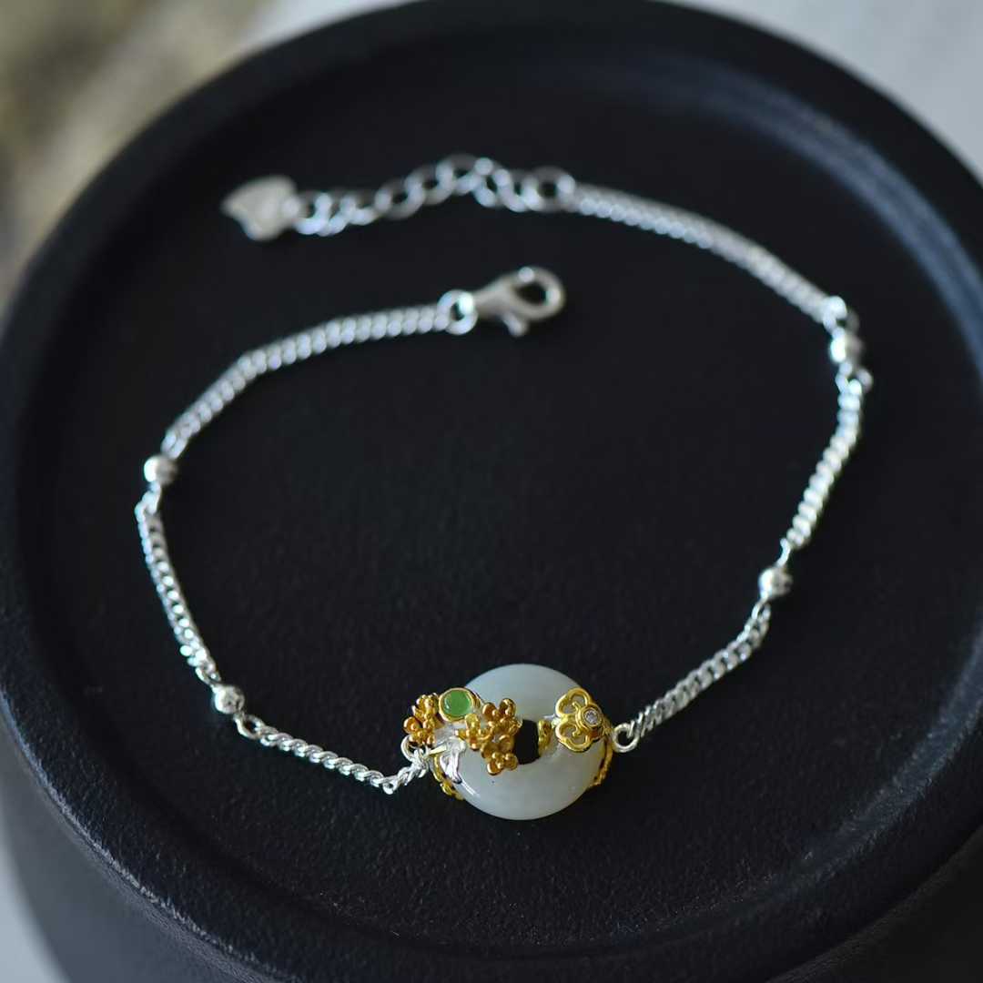 Elegant 925 silver inlaid Hetian jade set featuring August Flower God osmanthus design"