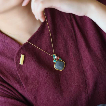 925 Silver Inlaid Hetian Nephrite "Smoky Gray & Matte Gold Enamel" Pendant