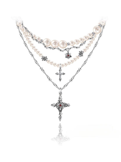 Baroque pearl cross necklace with layered chains
