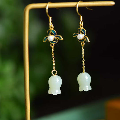 S925 Silver Inlaid Nephrite Wind Chime Flower Earrings