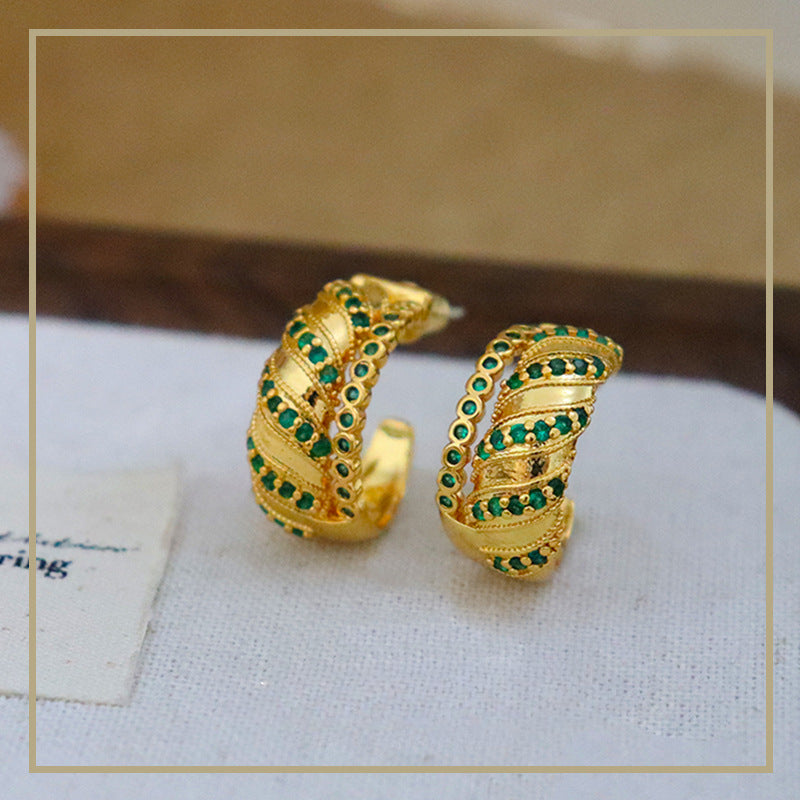 High-grade retro green zircon c-shaped earrings - jewelryweilin