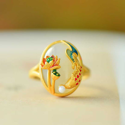925 Silver Inlaid White Hetian Nephrite "Goldfish & Continuous Years" Auspicious Ring