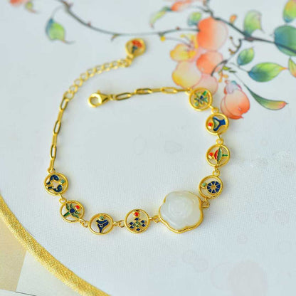 925 Silver Inlaid Enamel & Hetian Nephrite "Blooming Roses & Eight Treasures" Bracelet