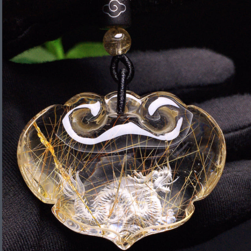 Natural Gold Rutilated Quartz Peace Lock Internal-Carved Dragon Pendant