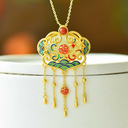 925 Silver Inlaid White Hetian Nephrite, Dragon & Phoenix, Ruyi Red Enamel Pendant