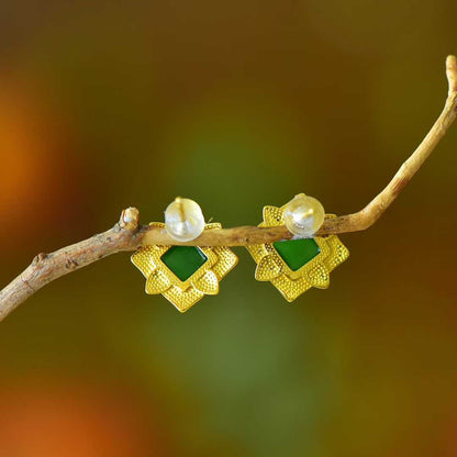 925 Silver Inlaid Hetian Nephrite "Heart Shape & Blooming Prosperity" Stud Earrings