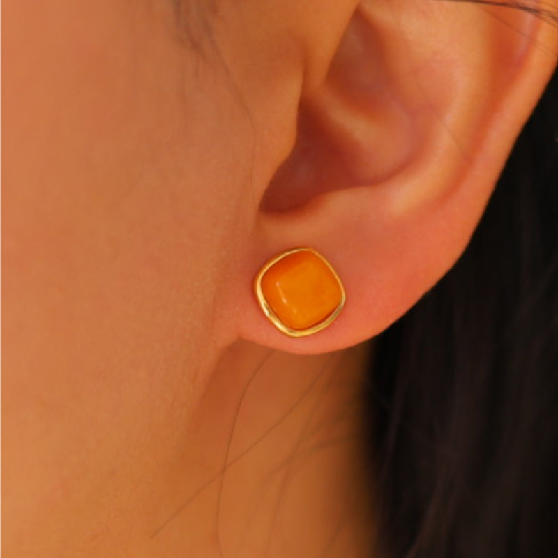 Natural Amber Square Stud Earrings