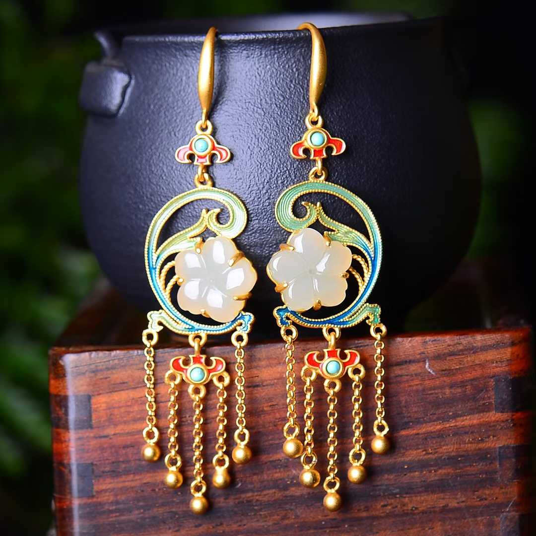 925 Silver Inlaid Natural Nephrite Drum-Face Earrings