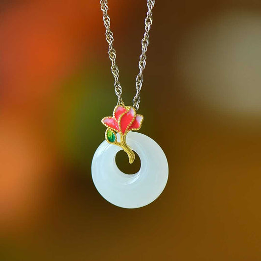 925 Silver Inlaid Hetian Nephrite "Blossoming Brocade" Princess Clasp Pendant