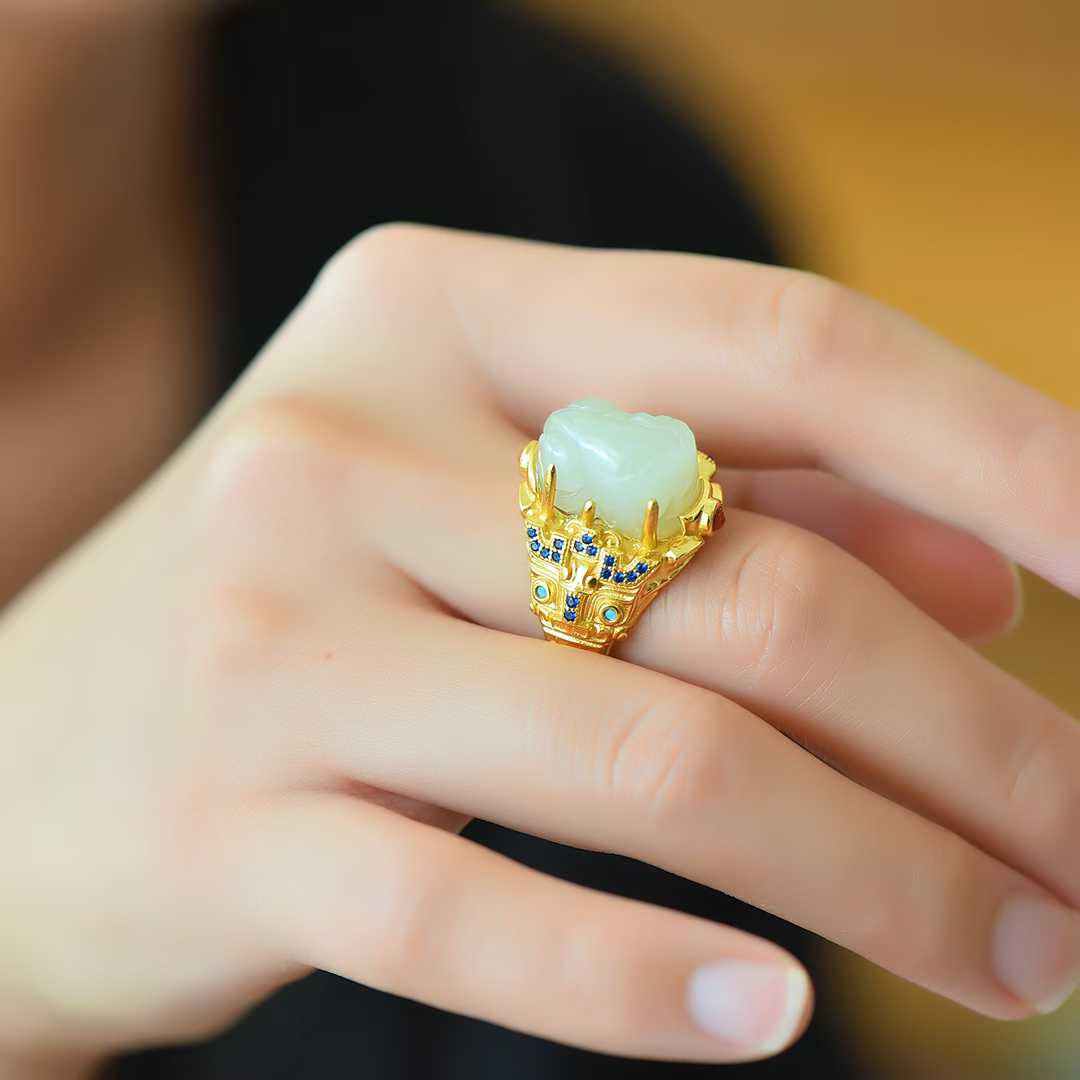 925 Silver Inlaid Hetian Nephrite "Attract Wealth & Treasure" Pixiu Ring