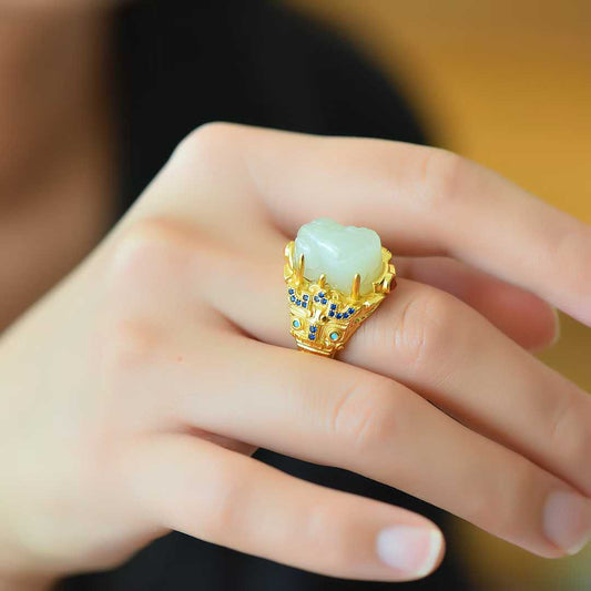 925 Silver Inlaid Hetian Nephrite "Attract Wealth & Treasure" Pixiu Ring