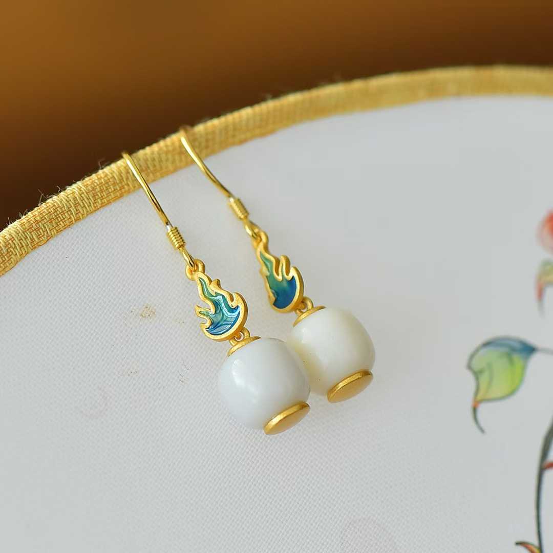 925 Silver Inlaid Hetian Nephrite Fine Material Barrel Bead "Everlasting Vitality" Enamel Earrings