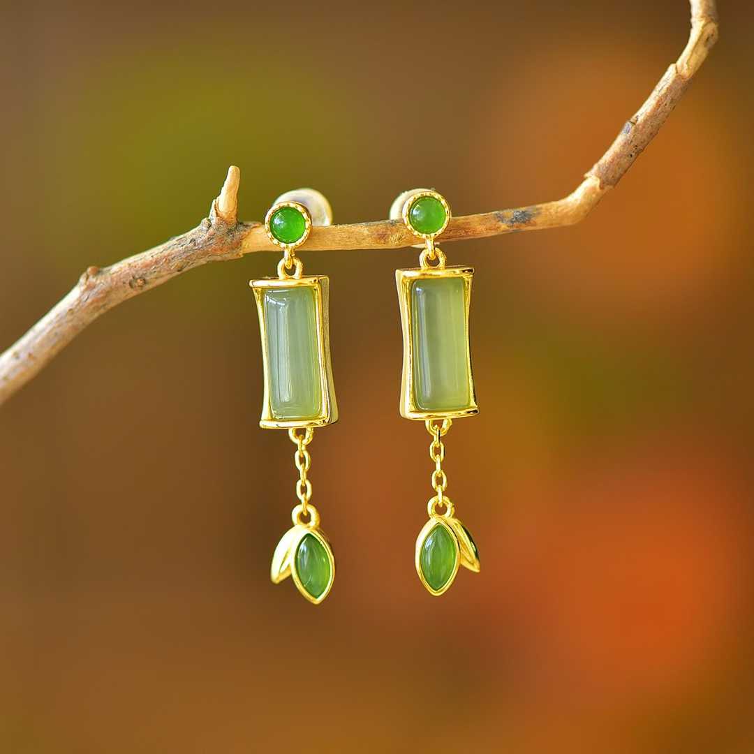 925 Silver Inlaid Hetian Nephrite (Clear Water Variety) "Steady Progress" Stud Earrings