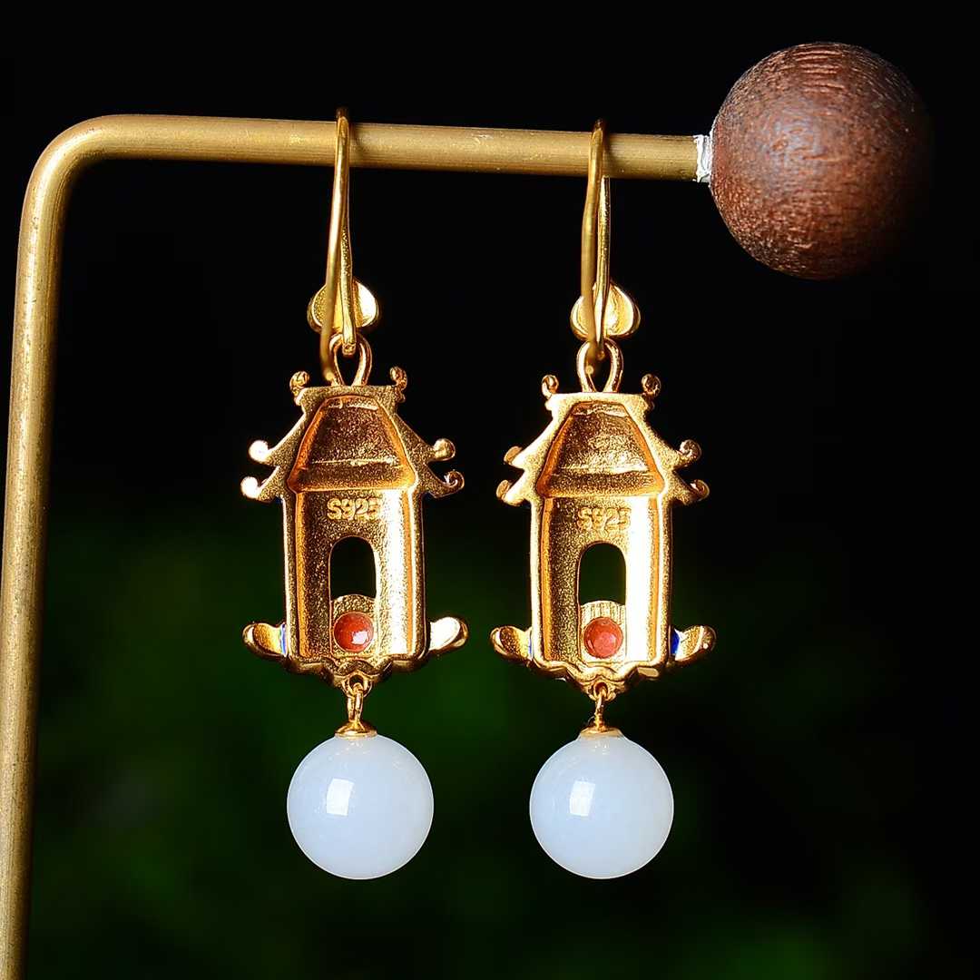 925 Silver Inlaid 10mm White Jade Enamel Earrings
