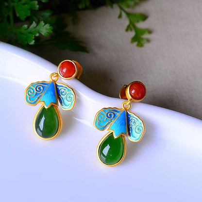925 Silver Inlaid Nephrite Green Jade Teardrop Enamel Earrings