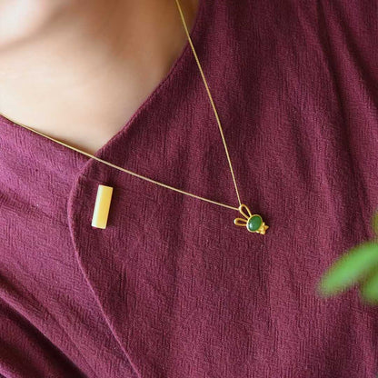925 Sterling Silver-Inlaid Hetian Green Jade Rabbit 🐰 Pendant with Thick Matte Gold Plating