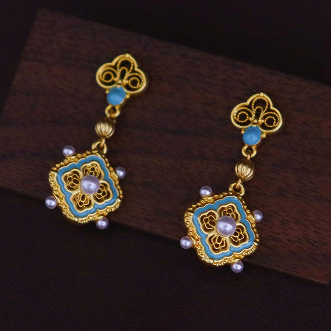 High-end Chinese ancient style four-leaf clover pearl earrings - jewelryweilin