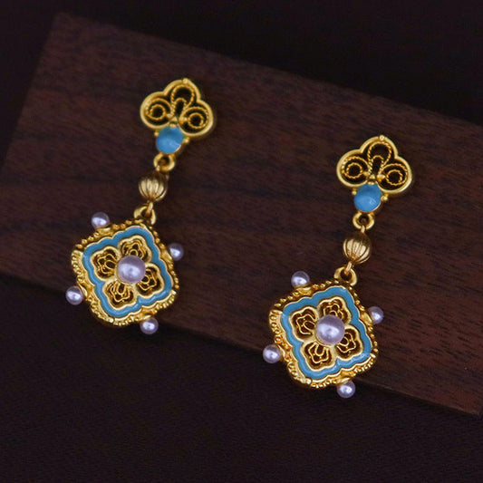 High-end Chinese ancient style four-leaf clover pearl earrings - jewelryweilin