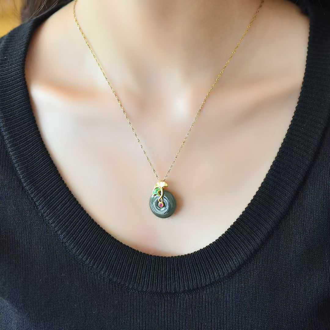 925 Silver Inlaid Hetian Nephrite "Peace Buckle & Lifetime of Good Fortune" Pendant