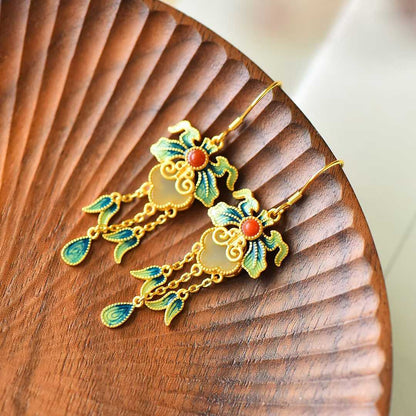 925 Silver Inlaid Green Hetian Nephrite "Maple Tree Shade" Enamel Dangle Earrings