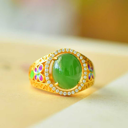925 Silver Inlaid Blue Enamel, Hetian Spinach Green Nephrite Cabochon & Zircon Ring