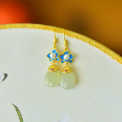 925 Silver Inlaid White Hetian Nephrite "Golden Breeze & Jade Dew" Orchid Stud Earrings