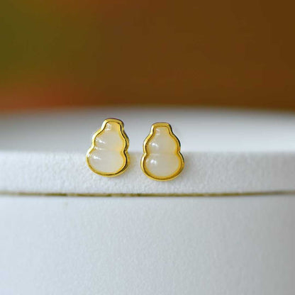 925 Silver Inlaid White Hetian Nephrite "Gourd for Double Blessings (Prosperity & Fortune)" Stud Earrings