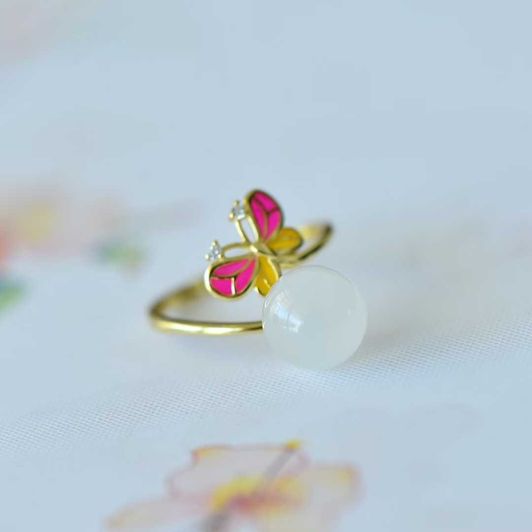 925 Silver Inlaid 10mm Hetian Nephrite Bead "Butterfly" Ring - jewelry - weilin.com