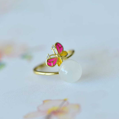 925 Silver Inlaid 10mm Hetian Nephrite Bead "Butterfly" Ring - jewelry - weilin.com