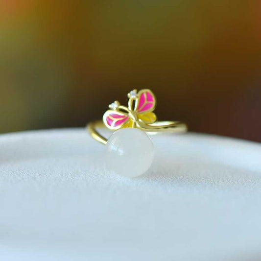 925 Silver Inlaid 10mm Hetian Nephrite Bead "Butterfly" Ring - jewelry - weilin.com
