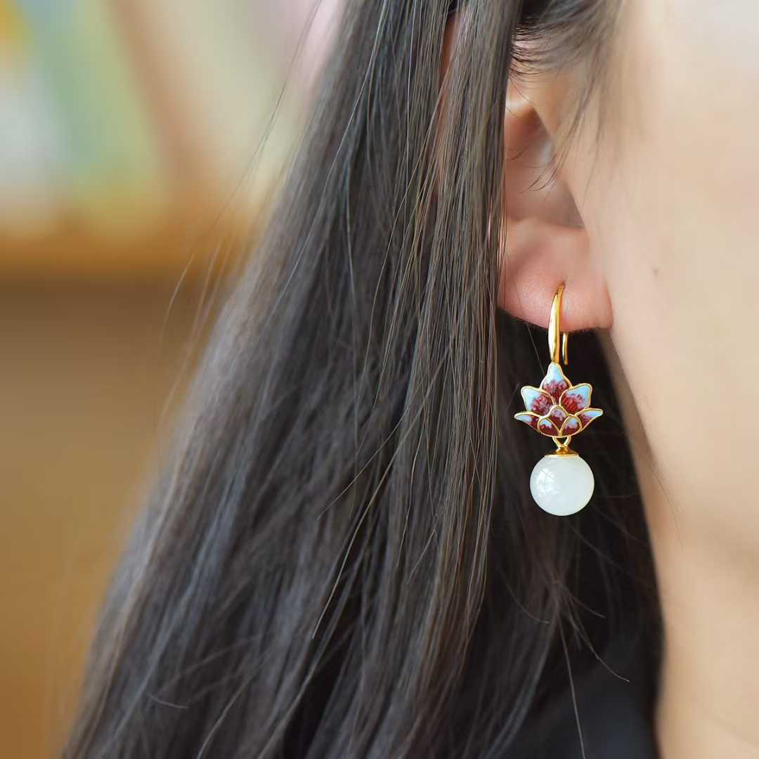 925 Silver Inlaid 10mm Nephrite (White Jade) Enamel Earrings - jewelry - weilin.com
